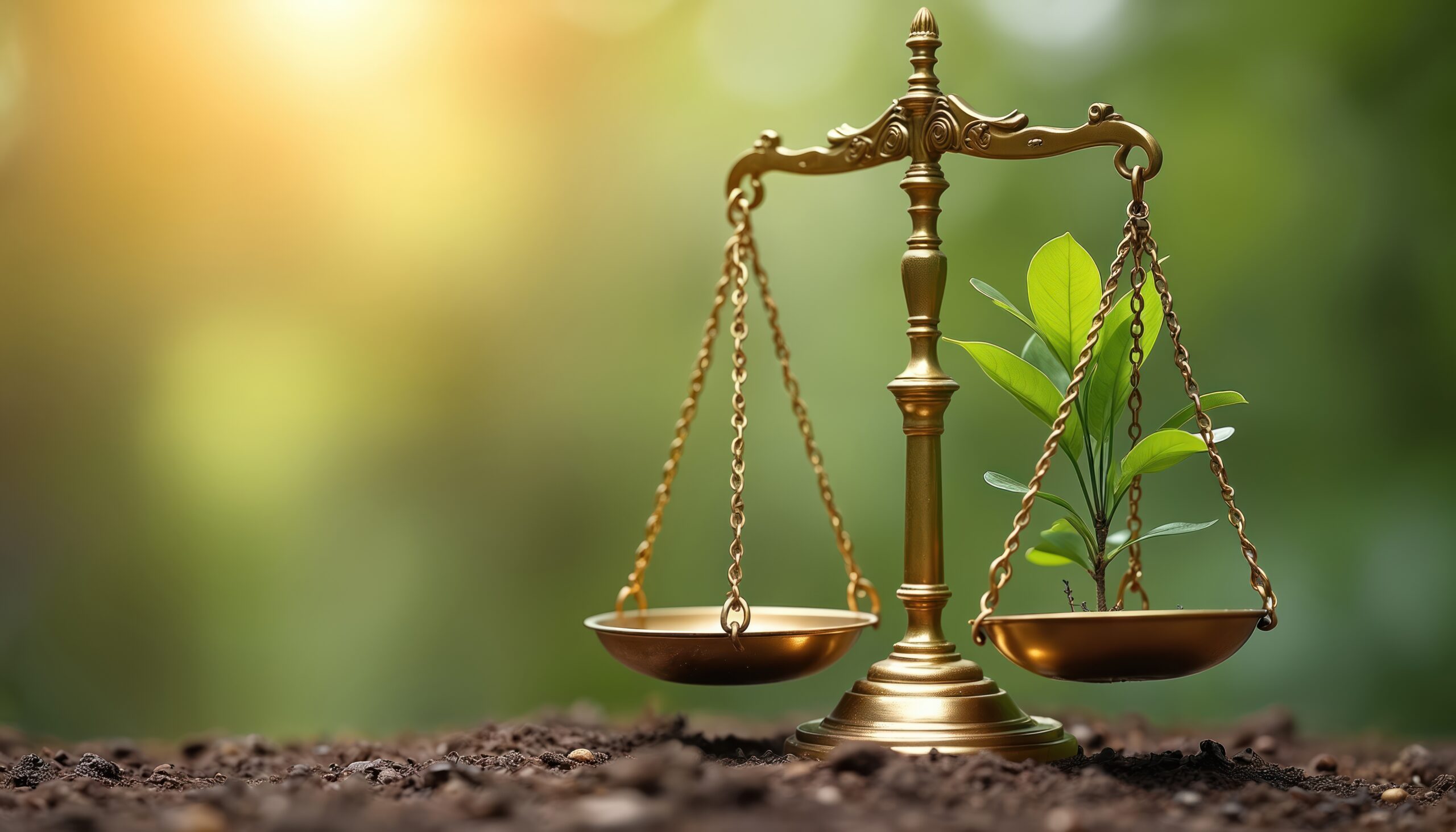 Golden scales with green plant symbolize environmental balance. Concepts of justice nature, eco-friendly regulations, sustainable living, legal protection. Climate environmental justice,