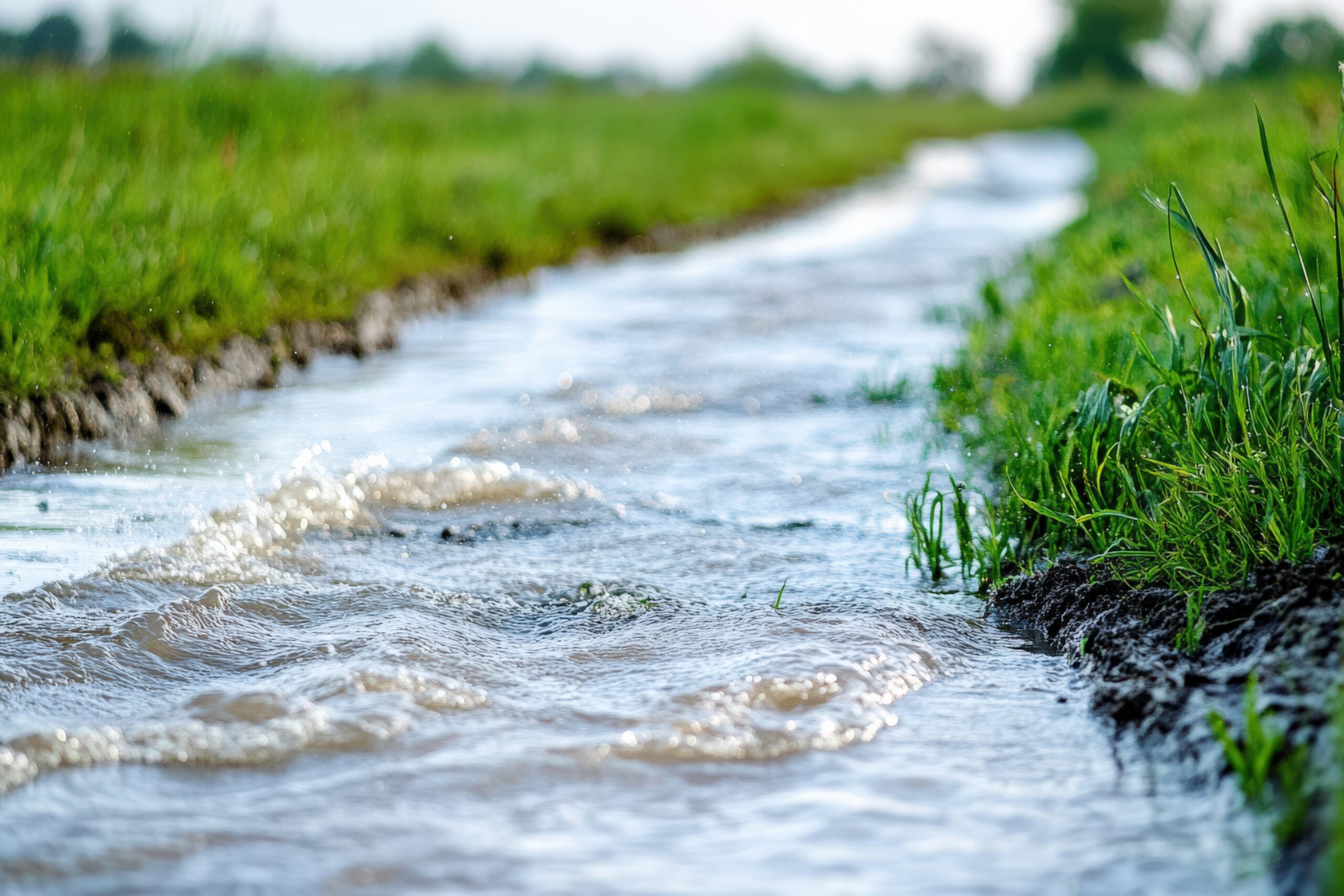 Water Runoff Control in Farm Field Waterway: Managing Soil Erosion After Heavy Rain and Flooding