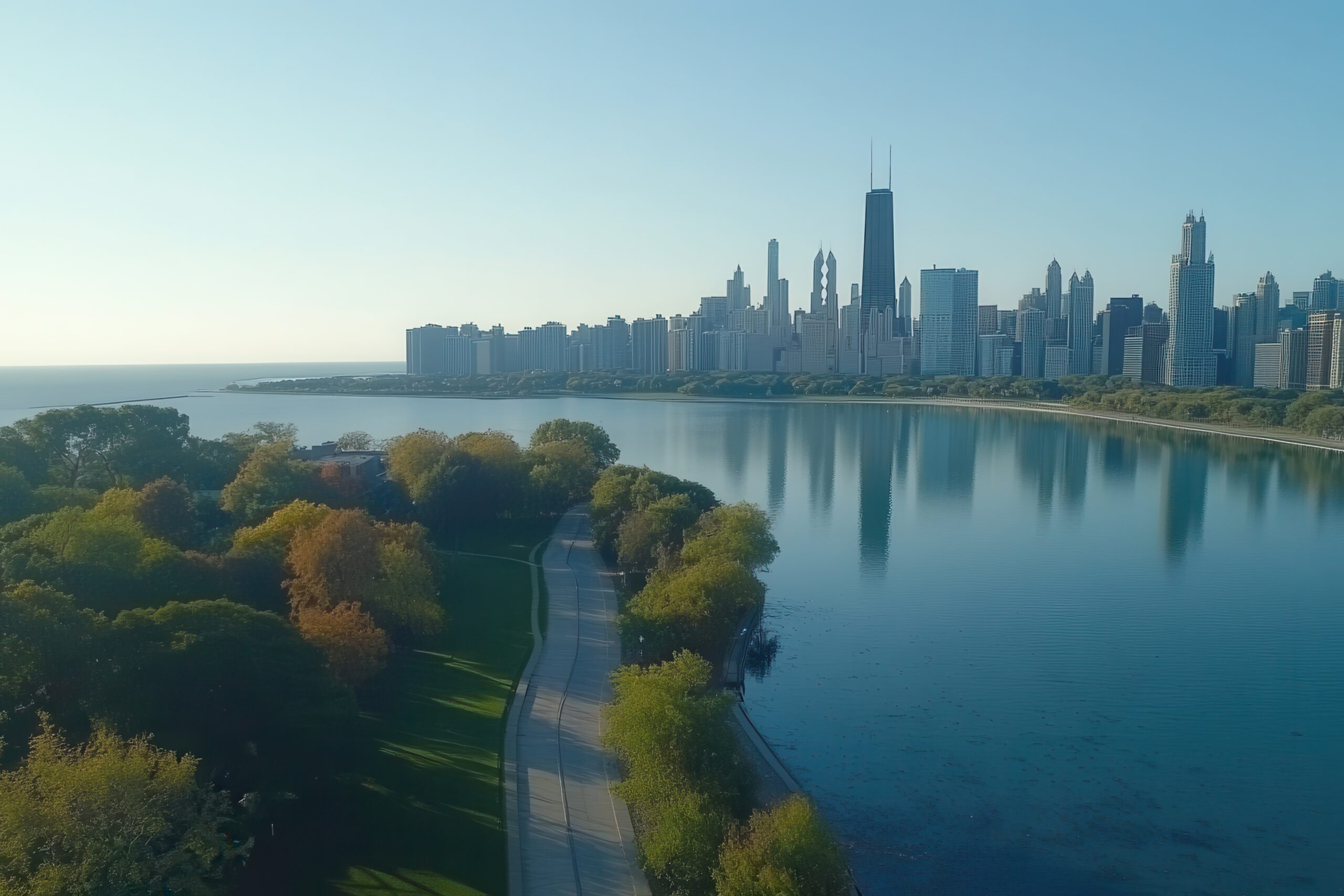 Cityscape sunrise, lakefront path, autumn foliage, aerial view